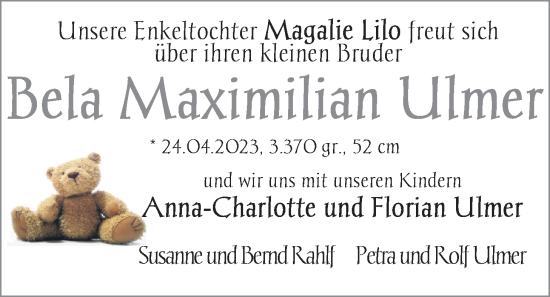 Babyanzeige von Bela Maximilian Ulmer von BM