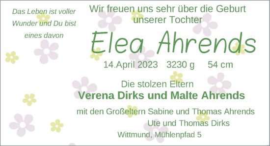 Babyanzeige von Elea Ahrends von BM