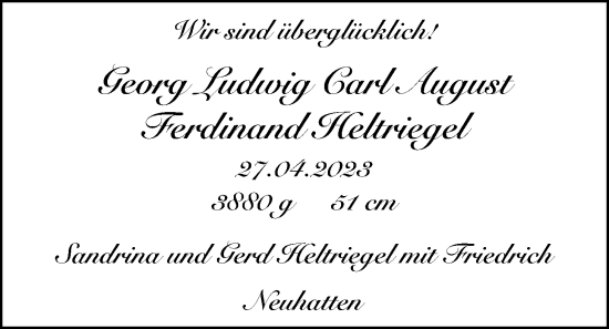 Babyanzeige von Georg Ludwig Carl August Ferdinand Heltriegel von Nordwest-Zeitung