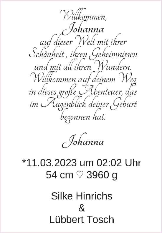 Babyanzeige von Johanna  von EZ
