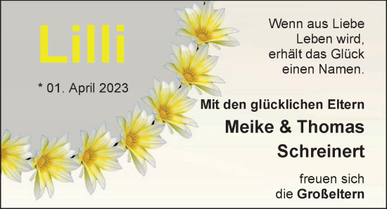 Babyanzeige von Lilli Schreinert von EZ