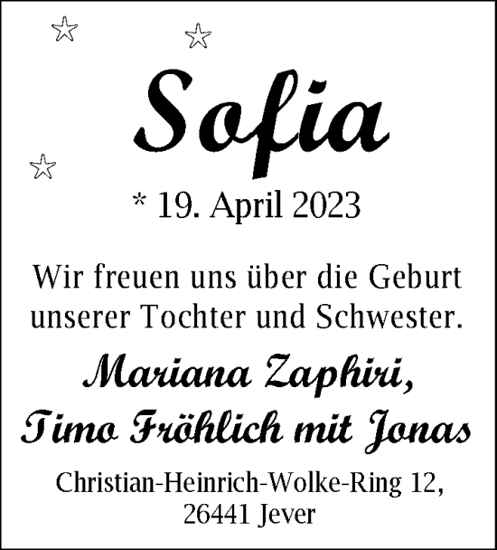 Babyanzeige von Sofia  von BM