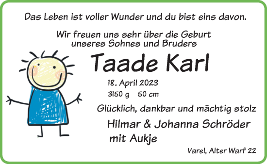 Babyanzeige von Taade Karl  von BM