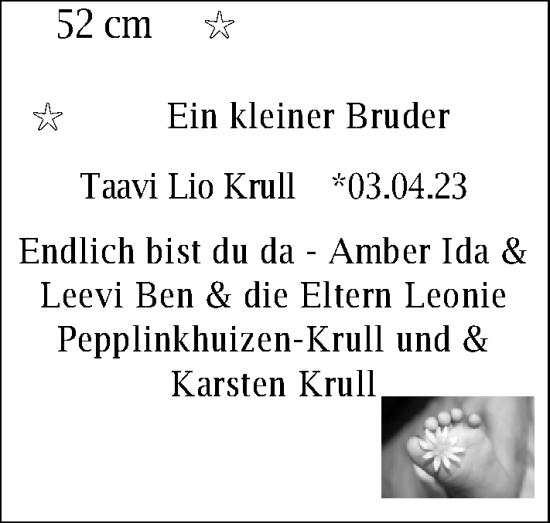 Babyanzeige von Taavi Lio Krull von Nordwest-Zeitung