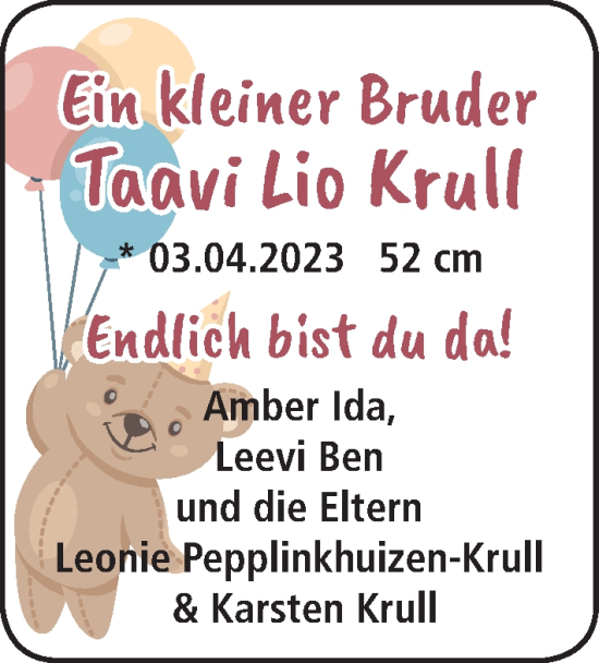 Babyanzeige von Taavi Lio Krull von EZ