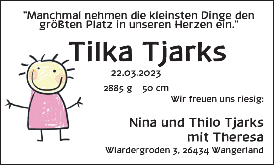 Babyanzeige von Tilka Tjarks von BM