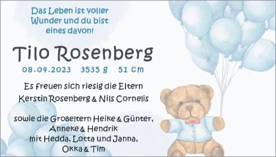 Babyanzeige von Tilo Rosenberg von EZ