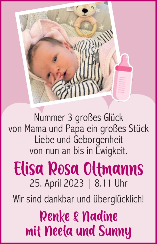 Babyanzeige von Elisa Rosa Oltmanns von BM