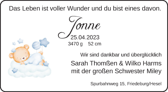 Babyanzeige von Jonne  von BM