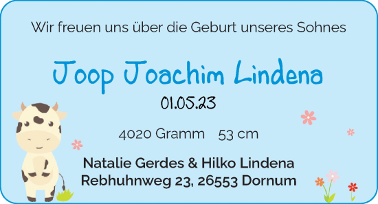Babyanzeige von Joop Joachim Lindena von BM