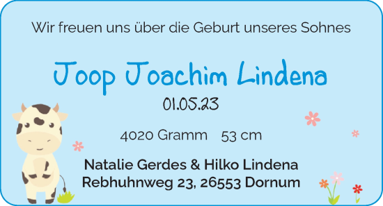 Babyanzeige von Joop Joachim Lindena von Nordwest-Zeitung
