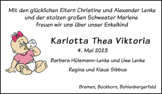 Babyanzeige von Karlotta Thea Viktoria Lenke von Nordwest-Zeitung