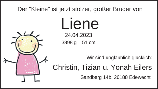 Babyanzeige von Liene Eilers von Nordwest-Zeitung