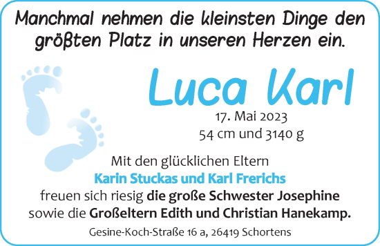 Babyanzeige von Luca Karl   von BM