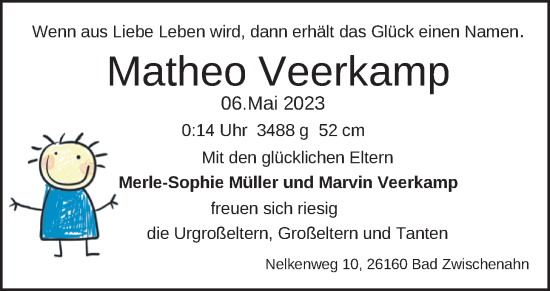 Babyanzeige von Matheo Veerkamp von Nordwest-Zeitung