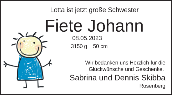 Babyanzeige von Fiete Johann  von Nordwest-Zeitung