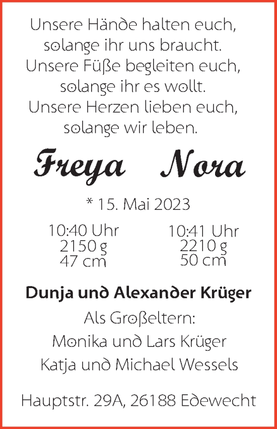 Babyanzeige von Freya und Nora Krüger von Nordwest-Zeitung