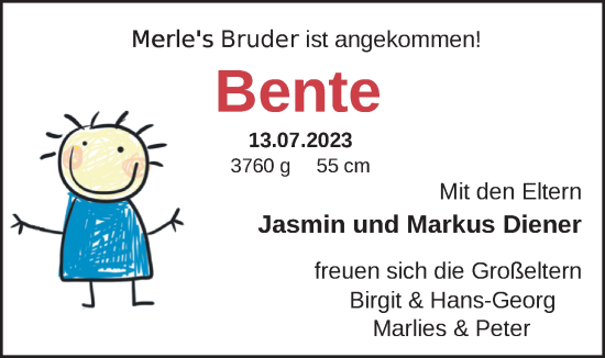 Babyanzeige von Bente Diener von BM