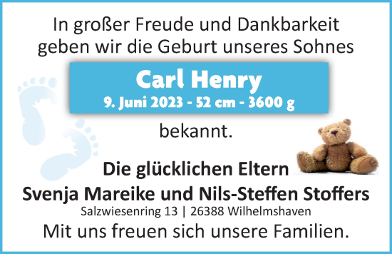 Babyanzeige von Carl Henry Stoffers von BM