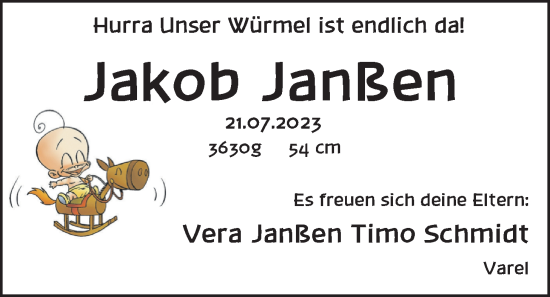Babyanzeige von Jakob Janßen von BM