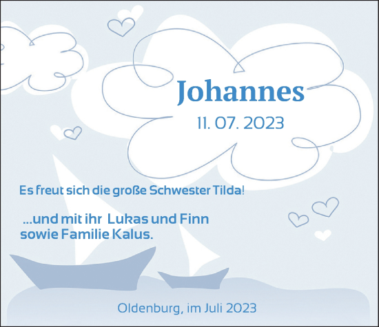 Babyanzeige von Johannes Sperling von Nordwest-Zeitung