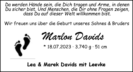 Babyanzeige von Marlon Davids von EZ