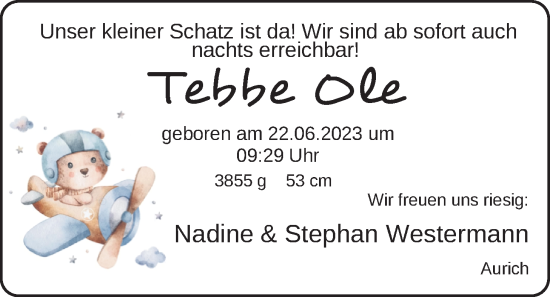 Babyanzeige von Tebbe Ole  von EZ