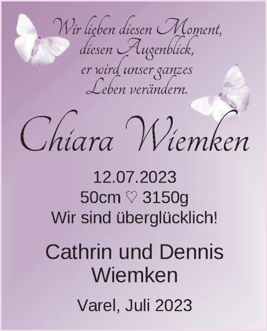 Babyanzeige von Chiara Wiemken von Nordwest-Zeitung