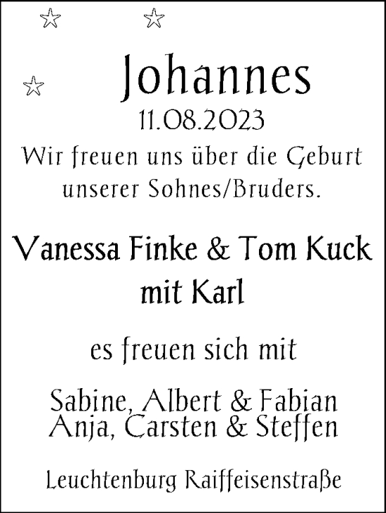 Babyanzeige von Johannes  von Nordwest-Zeitung