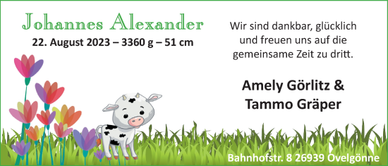 Babyanzeige von Johannes Alexander  von Nordwest-Zeitung