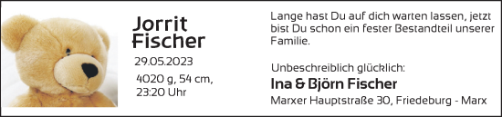 Babyanzeige von Jorrit Fischer von BM