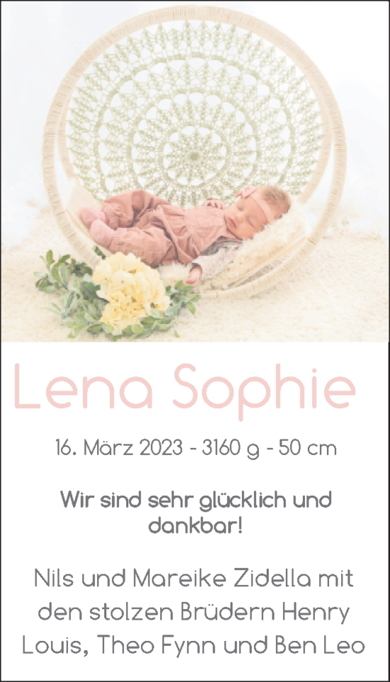 Babyanzeige von Lena Sophie Zidella von Nordwest-Zeitung