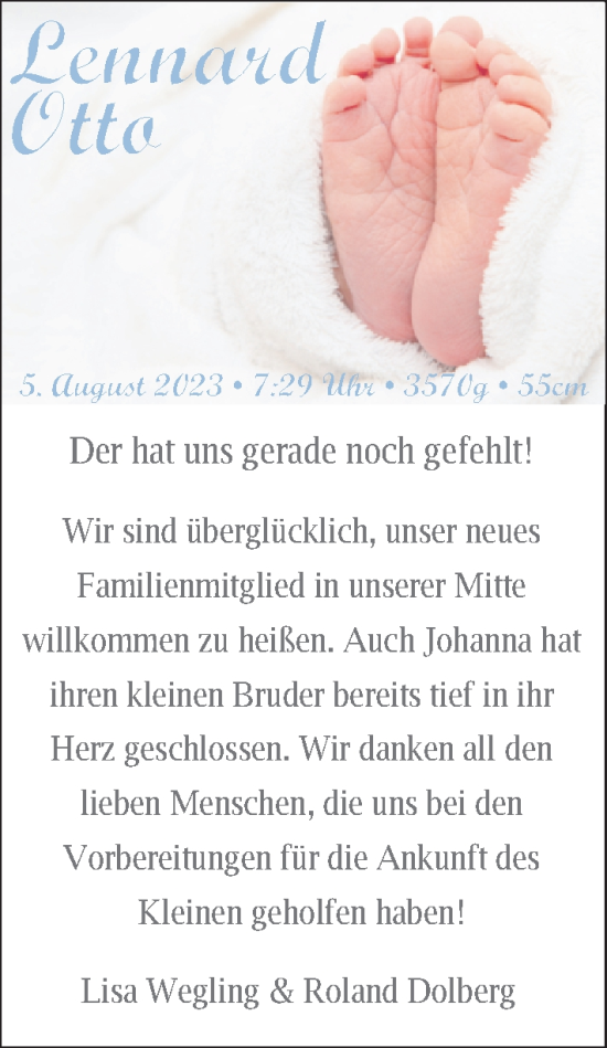 Babyanzeige von Lennard Otto Dolberg von Nordwest-Zeitung