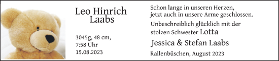 Babyanzeige von Leo Hinrich Laabs von Nordwest-Zeitung