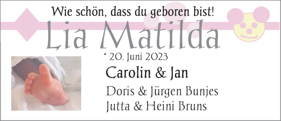 Babyanzeige von LIa Matilda  von Nordwest-Zeitung