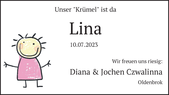 Babyanzeige von Lina  von Nordwest-Zeitung