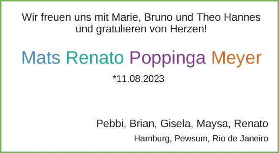 Babyanzeige von Mats Renato Poppinga Meyer von Nordwest-Zeitung