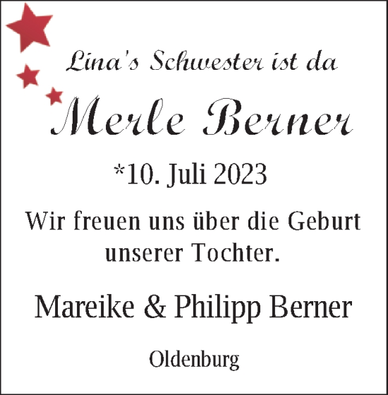 Babyanzeige von Merle Berner von Nordwest-Zeitung