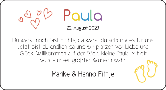 Babyanzeige von Paula  von BM