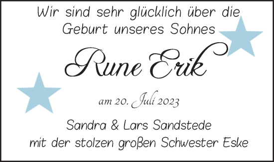 Babyanzeige von Rune Erik  von Nordwest-Zeitung