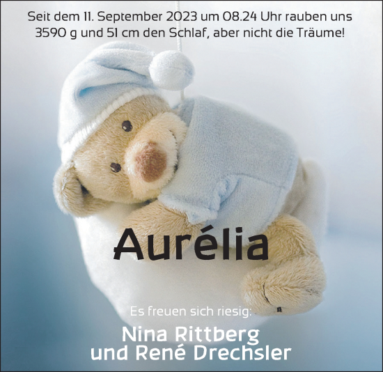 Babyanzeige von Aurelia Drechsler von BM