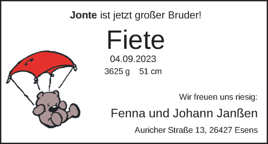 Babyanzeige von Fiete  von BM