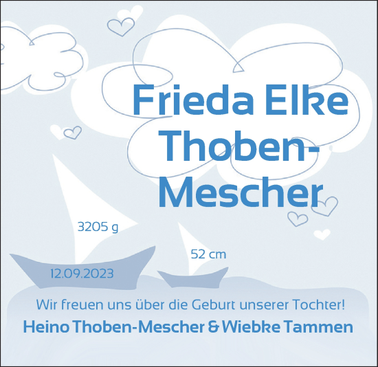 Babyanzeige von Frieda Elke Thoben-Mescher von BM