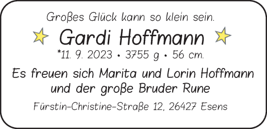 Babyanzeige von Gardi Hoffmann von BM