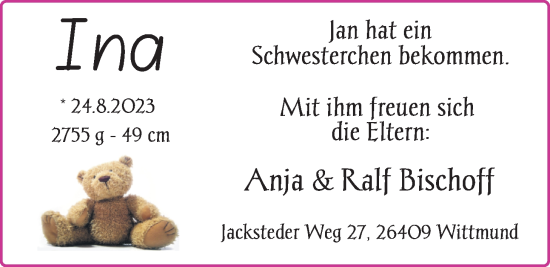 Babyanzeige von Ina Bischoff von BM