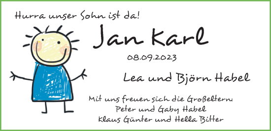 Babyanzeige von Jan Karl Habel von Nordwest-Zeitung