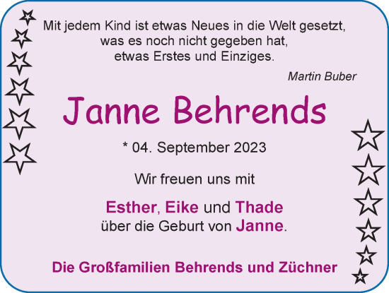 Babyanzeige von Janne Behrends von EZ