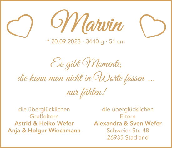 Babyanzeige von Marvin Wefer von Nordwest-Zeitung