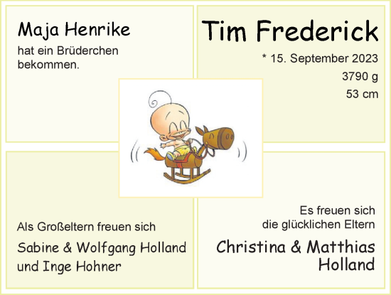 Babyanzeige von Tim Frederick Holland von Nordwest-Zeitung