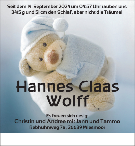 Babyanzeige von Hannes Claas Wolff von BM